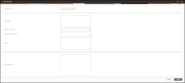 End Activity page. The submit button is located on the bottom right corner.