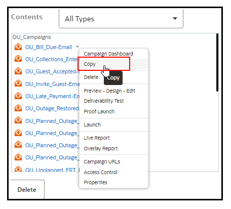 Contents list filtered by All Types option. It shows OU_Campains and, under it, several email campaigns. This screenshot shows the different actions you can perform on a campaign, with emphasis on the Copy option.