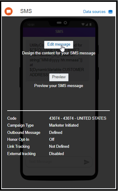 SMS Campaign Designer. Edit message is the first button from top to bottom.
