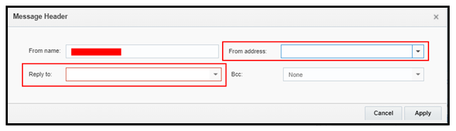 Message Header window showing the Reply to and From address drop-down menus.