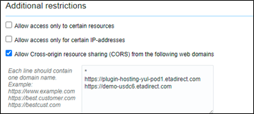 Additional restrictions window. On this screenshot, the Allow Cross-origin resource sharing check-box, which is the third one from top to bottom, is selected.