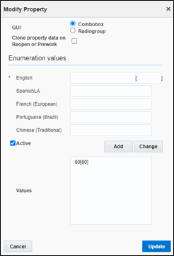 Modify Property window showing the Combobox and the Active checkboxes selected. The Update button is located on the bottom right corner.