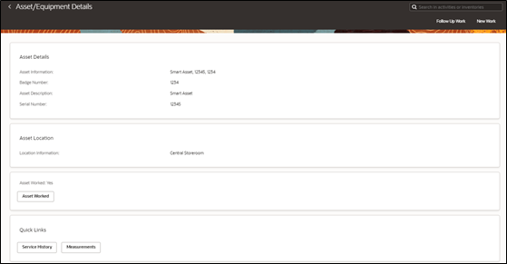 Asset Equipment Details page showing the asset details and location.