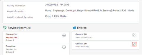 Entered pane on the Service History page. The button to edit is located on the right side of each item row within the Entered pane.
