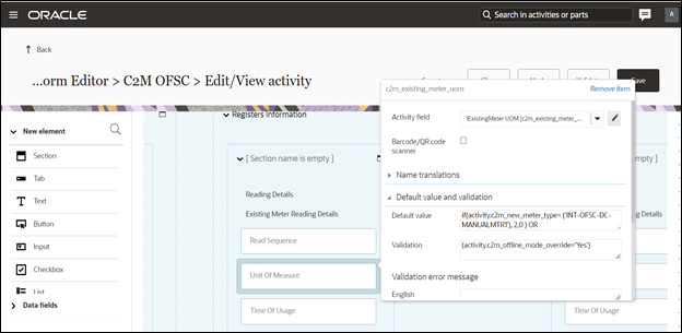 Edit View activity page detail. Unit of Measure option is located under Registers Information.