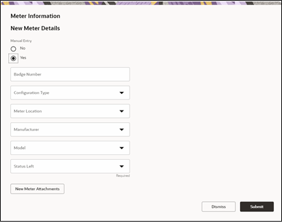 Meter Details page detail. On this image the Manual Entry appears as set, and the Configuration Type is set as Default One Register Electric meter.