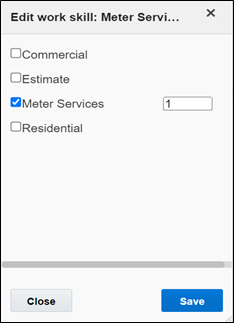 Edit work skill window. Here Meter Services option is selected, and set to 1.