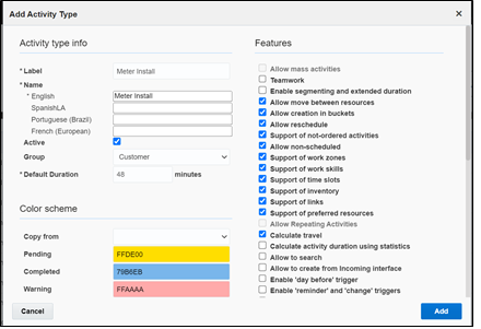 Activity type info, and color scheme on the right column, Features section on the right column.