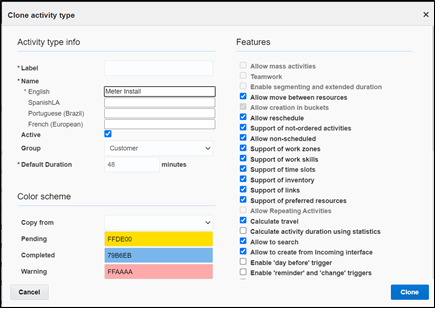 Activity type info, and color scheme on the right column, Features section on the right column.