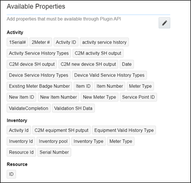Available Properties page showing the Actiity and the Inventory sections, each containing several tags.