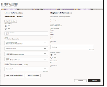 Meter information section on the left column, and Registers information section on the right column.