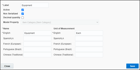 Equipment inventory type window. The user is to write Equipment on the Label text field, check the Active and Non Serialized checkboxes, write Equipment on the English name field, and write Each on the English text field on the Unit of Measurement section. Save button is located on the bottom right corner.