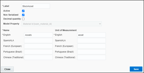 StockAsset inventory type window. The user is to write StockAsset on the Label text field, check the Active and Non Serialized checkboxes, write Assets on the English name field, and write asset on the English text field on the Unit of Measurement section. Save button is located on the bottom right corner.