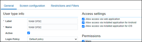 This is an example of the access settings selected for a user type.