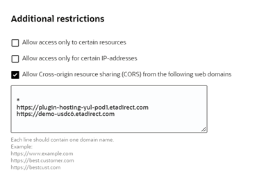 Additional restrictions window. On this screenshot, the Allow Cross-origin resource sharing check-box, which is the third one from top to bottom, is selected. Additional restrictions window. On this screenshot, the Allow Cross-origin resource sharing check-box, which is the third one from top to bottom, is selected.