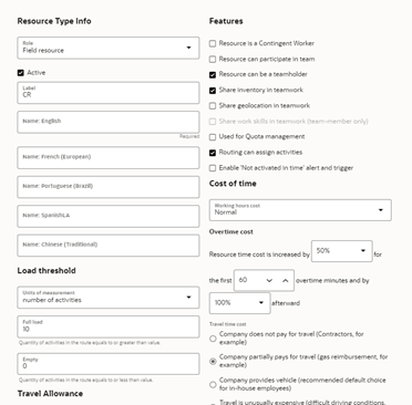 Add Resource Type window where the user is to provide information about the resource.The sections shown on this screenshot are: Resource Type Info, Features, Load and Threshold. Add Resource Type window where the user is to provide information about the resource.The sections shown on this screenshot are: Resource Type Info, Features, Load and Threshold.