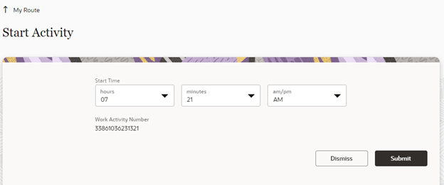 Start Activity page. Submit button is located on the extreme right corner under the Work Activity Number row. Start Activity page. Submit button is located on the extreme right corner under the Work Activity Number row.