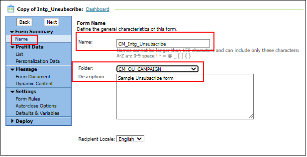 Shows how to update the form name and destination folder.