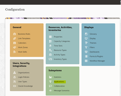 Configuration page with emphasis on the Applications option, which is the second one from top to bottom within the Subsystems section.