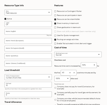 Add Resource Type window where the user is to provide information about the resource.The sections shown on this screenshot are: Resource Type Info, Features, Load and Threshold.