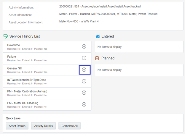 Service History page showing the Service History List on the left column of the user interface.