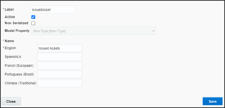 IssuedAsset inventory type window. The user is to write issuedAsset on the Label text field, check the Active checkbox, and write Issued Assets on the English name field. Save button is located on the bottom right corner.