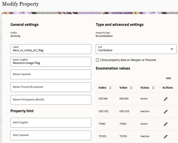 Modify Property window showing the Combobox and the Active checkboxes selected. The Update button is located on the bottom right corner.