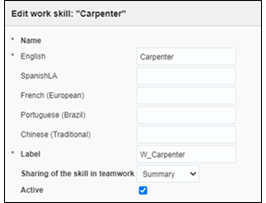 This is an example of the Edit window for a work skill called Carpenter. The user must provide a name, a label, a mode for sharing, and select the Active checkbox.