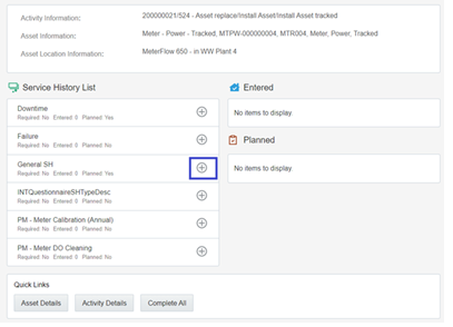 Service History page showing the Service History List on the left column of the user interface.