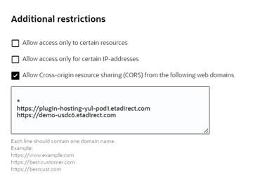 Additional restrictions window. On this screenshot, the Allow Cross-origin resource sharing check-box, which is the third one from top to bottom, is selected.
