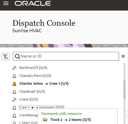 Dispatch Console. The navigation pane is located on the left side and shows the contractors, projects, and utilities. Resouces are displayed on the right side, next to the pane.