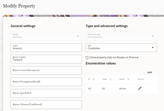 Modify Property window showing the Combobox and the Active checkboxes selected. The Update button is located on the bottom right corner.