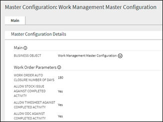 Work Management Master Configuration page Main tab showing the Master Configuration Details.