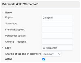 This is an example of the Edit window for a work skill called Carpenter. The user must provide a name, a label, a mode for sharing, and select the Active checkbox.