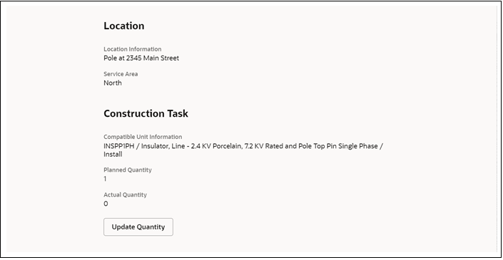 Shows the "Update Quantity" button to update the quantity of a construction task.