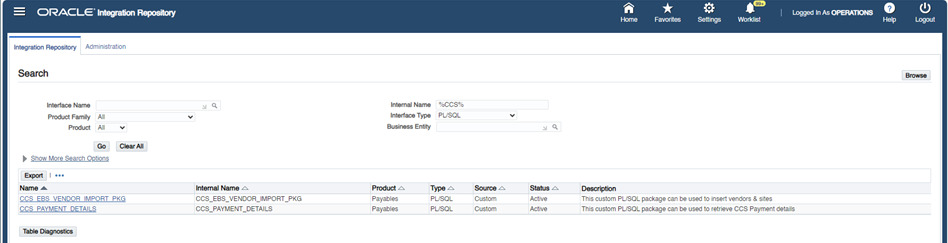 Shows searching for the PL/SQL Interface Type and Internal Name.