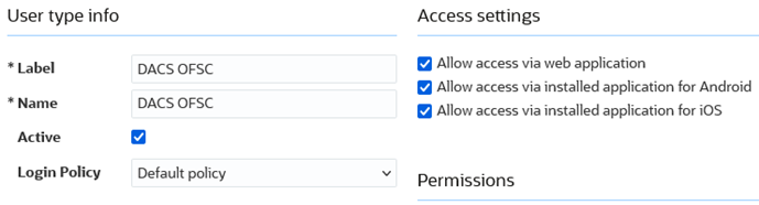 This is an example of the access settings selected for a user type.