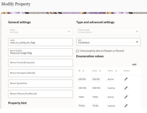 Modify Property window showing the Combobox and the Active checkboxes selected. The Update button is located on the bottom right corner.