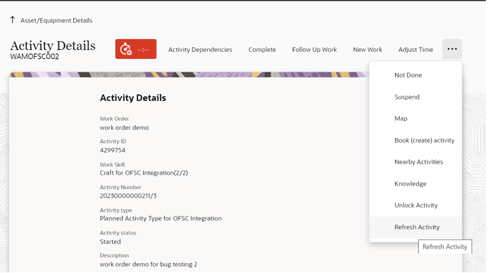 Shows the Refresh Activity option. Shows the Refresh Activity option.