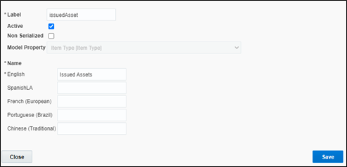 IssuedAsset inventory type window. The user is to write issuedAsset on the Label text field, check the Active checkbox, and write Issued Assets on the English name field. Save button is located on the bottom right corner. IssuedAsset inventory type window. The user is to write issuedAsset on the Label text field, check the Active checkbox, and write Issued Assets on the English name field. Save button is located on the bottom right corner.