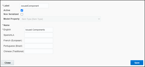 IssuedComponent inventory type window. The user is to write issuedComponent on the Label text field, check the Active checkbox, and write Issued Components on the English name field. Save button is located on the bottom right corner. IssuedComponent inventory type window. The user is to write issuedComponent on the Label text field, check the Active checkbox, and write Issued Components on the English name field. Save button is located on the bottom right corner.