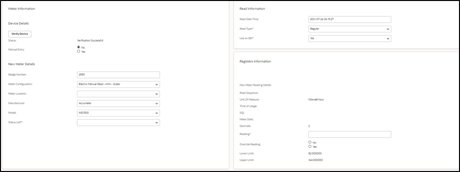 Meter information section on the left column, and Registers information section on the right column. Meter information section on the left column, and Registers information section on the right column.