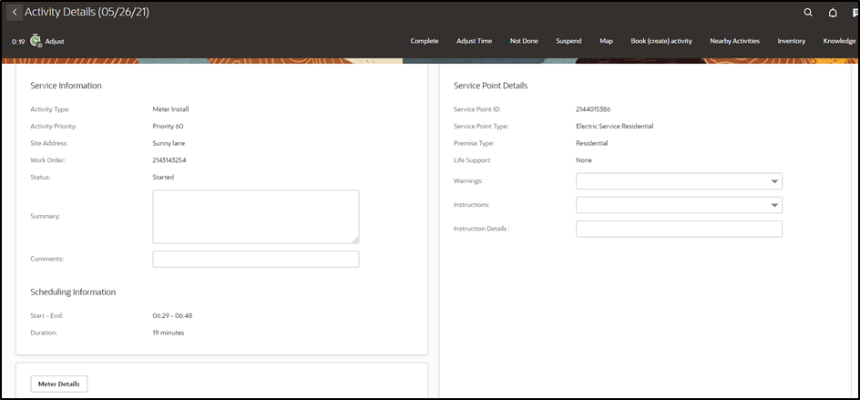 Activity Details page showing the service information on the left column, and the service point details on the right. The Complete button is located at the top of the page and it is the first button from left to right. Activity Details page showing the service information on the left column, and the service point details on the right. The Complete button is located at the top of the page and it is the first button from left to right.
