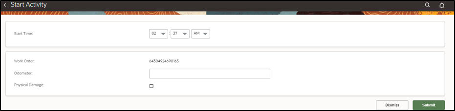 Start Activity page. The submit button is located on the bottom right corner. Start Activity page. The submit button is located on the bottom right corner.