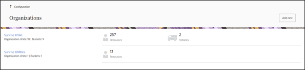 Organizations page detail. The Add New button is located on the extreme right. Organizations page detail. The Add New button is located on the extreme right.