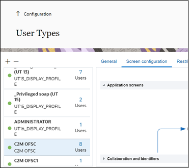 User Types page detail. Screen configuration is the second tab from left to right.