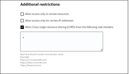 Additional restrictions section. Here the Allow Cross-origin resource sharing option checkbox is selected. Additional restrictions section. Here the Allow Cross-origin resource sharing option checkbox is selected.
