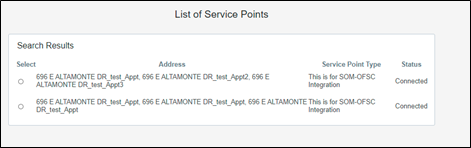 List of Service Points section showing the search results. List of Service Points section showing the search results.