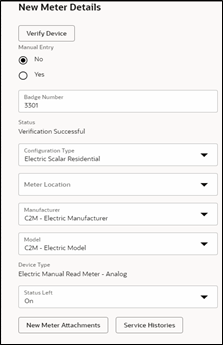 New Meter Details section. Manufacturer and Model dropdowns show Accumeter and IND1300 respectively, and are highlated on this image. New Meter Details section. Manufacturer and Model dropdowns show Accumeter and IND1300 respectively, and are highlated on this image.