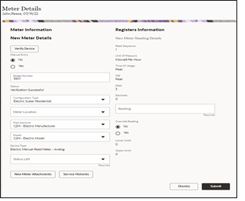 Meter information section on the left column, and Registers information section on the right column. Meter information section on the left column, and Registers information section on the right column.